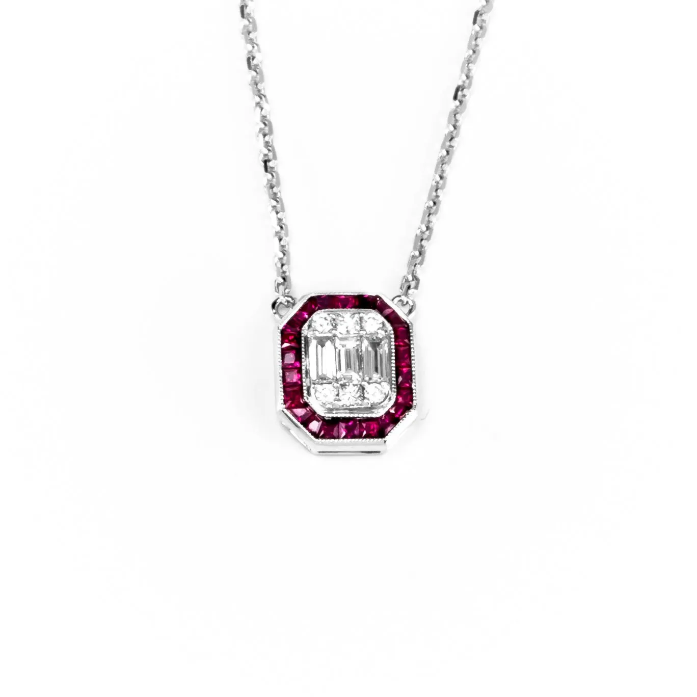 18K White Gold 0.75ct Ruby and Diamond Necklace - 20683139