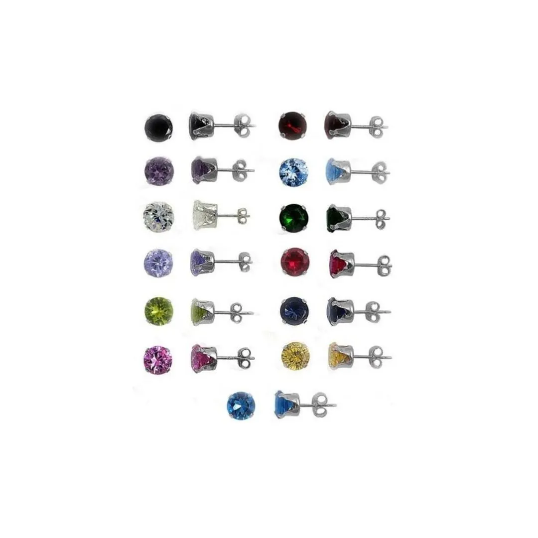 18K White Gold Plated 12 Pack Birthstone Stud Earrings