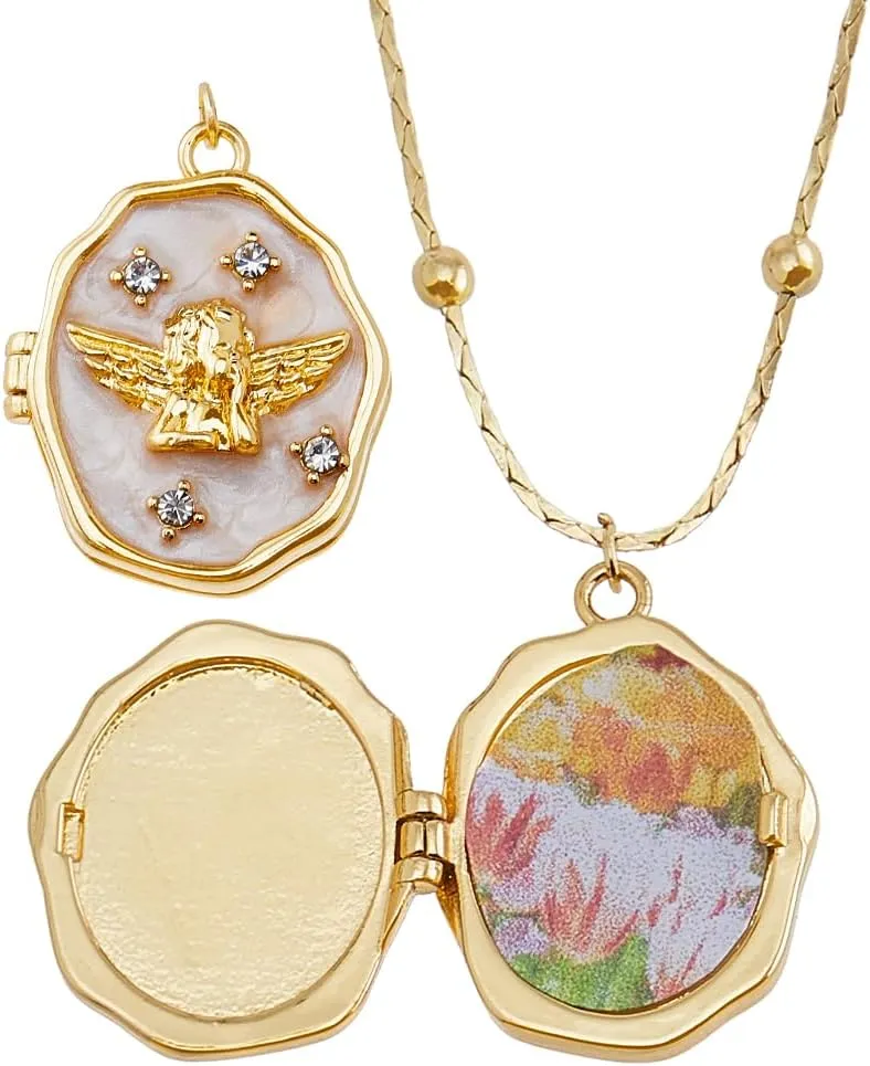 1Pc Photo Locket Necklaces 16.73 inch Oval Angel Necklaces Golden Hold Photo Picture Pendant Necklace Jewelry Brass Personalized Necklace for Women Ladies Wife