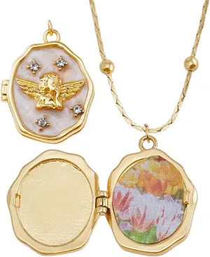 1Pc Photo Locket Necklaces 16.73 inch Oval Angel Necklaces Golden Hold Photo Picture Pendant Necklace Jewelry Brass Personalized Necklace for Women Ladies Wife