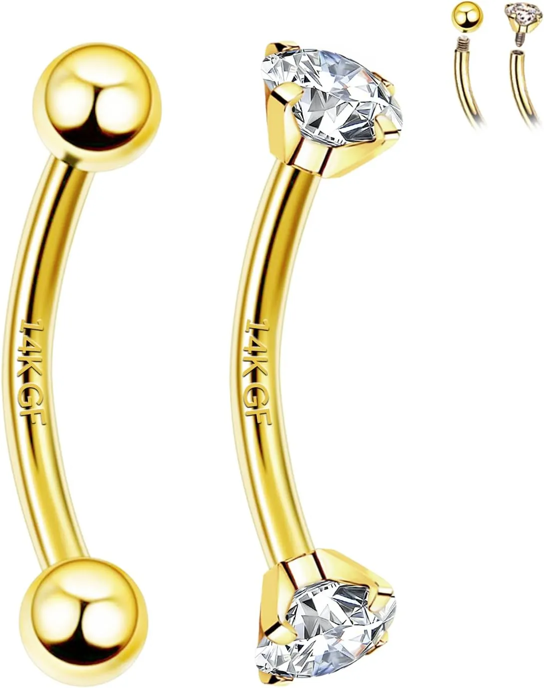 2 Pcs 14k Gold Filled Eyebrow Rings, 16G Threaded Rook Piercing Jewelry, Surgical Steel Vertical Lip Labret Belly Tongue Ring Daith Earring Curved Barbells