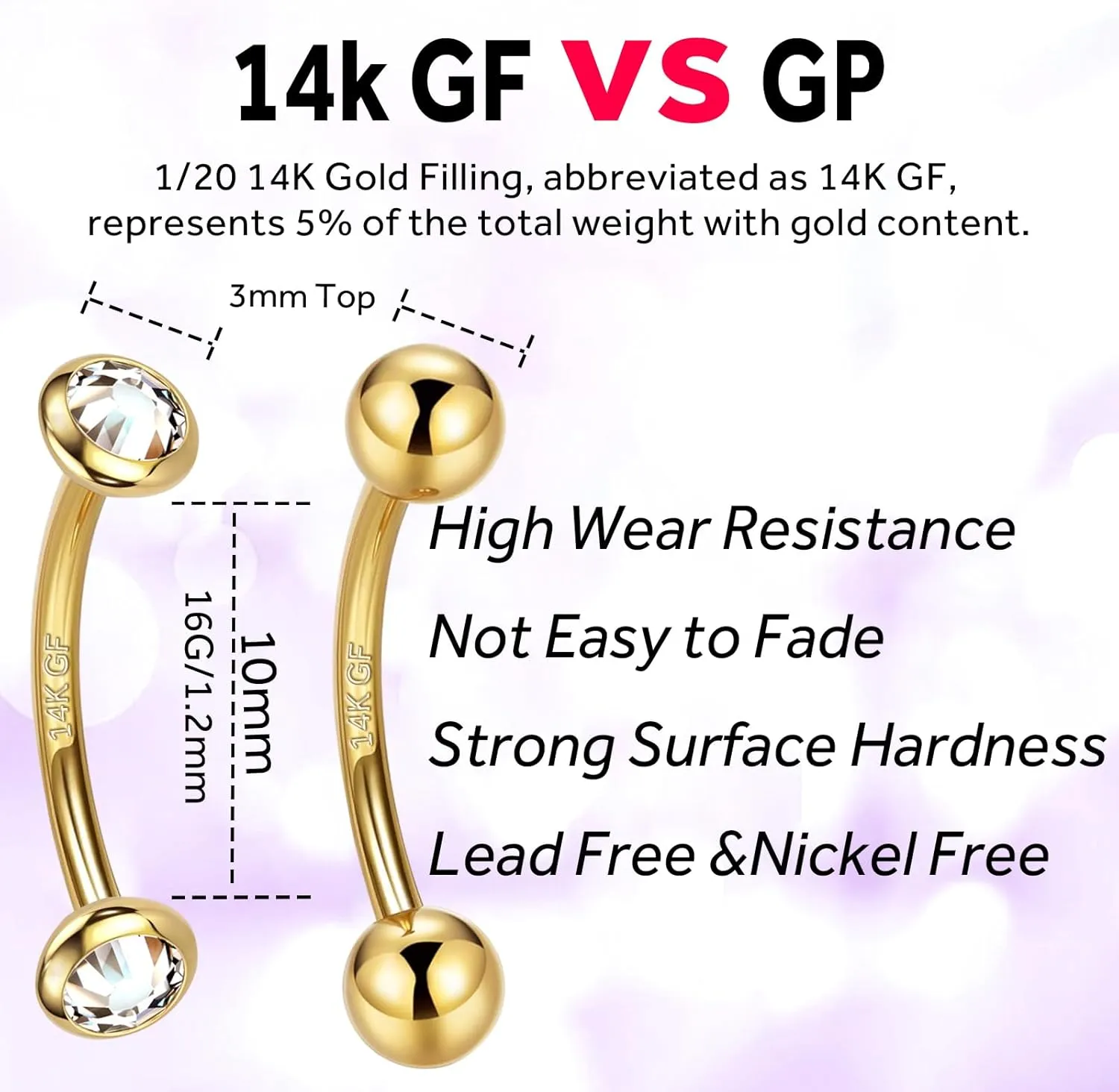 2 Pcs 14k Gold Filled Eyebrow Rings, 16G Threaded Rook Piercing Jewelry, Surgical Steel Vertical Lip Labret Belly Tongue Ring Daith Earring Curved Barbells