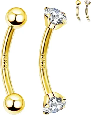 2 Pcs 14k Gold Filled Eyebrow Rings, 16G Threaded Rook Piercing Jewelry, Surgical Steel Vertical Lip Labret Belly Tongue Ring Daith Earring Curved Barbells