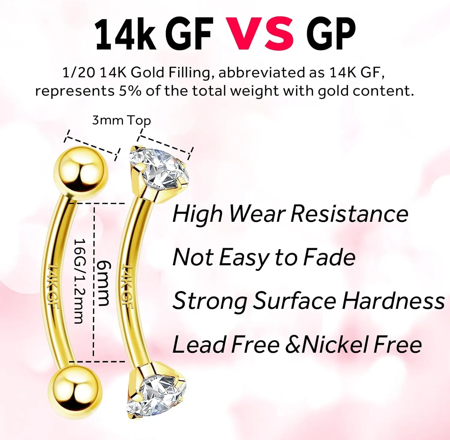 2 Pcs 14k Gold Filled Eyebrow Rings, 16G Threaded Rook Piercing Jewelry, Surgical Steel Vertical Lip Labret Belly Tongue Ring Daith Earring Curved Barbells