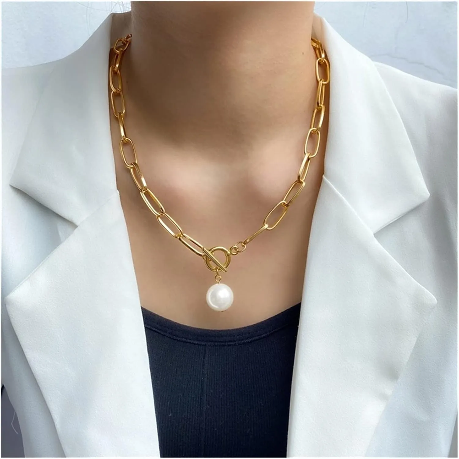 2022 Trend Pearl Thick Chain Pendant Necklace Compatible with Women Kpop Fashion Collar Necklace Choker Jewelry Female (Metal Color : IF1480137)