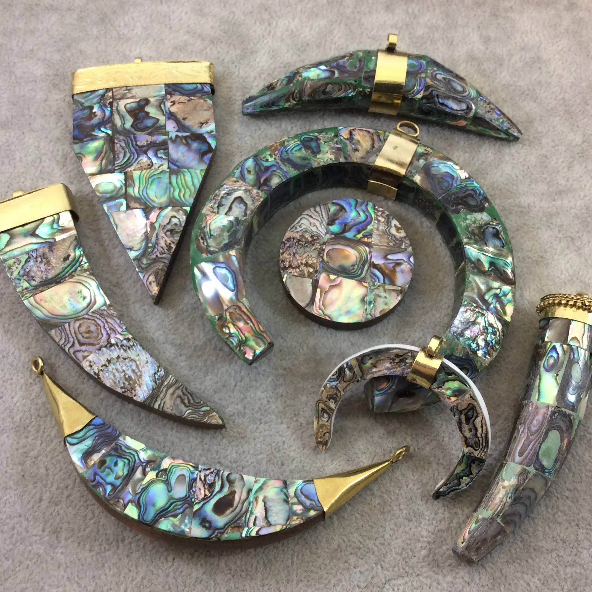 2.5" Pave Rhinestone Encrusted Freeform Shaped Rainbow Abalone Pendant with Gray Rhinestones and Pearl - Measuring 40mm x 60mm, Approx.