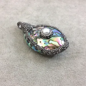 2.5" Pave Rhinestone Encrusted Freeform Shaped Rainbow Abalone Pendant with Gray Rhinestones and Pearl - Measuring 40mm x 60mm, Approx.