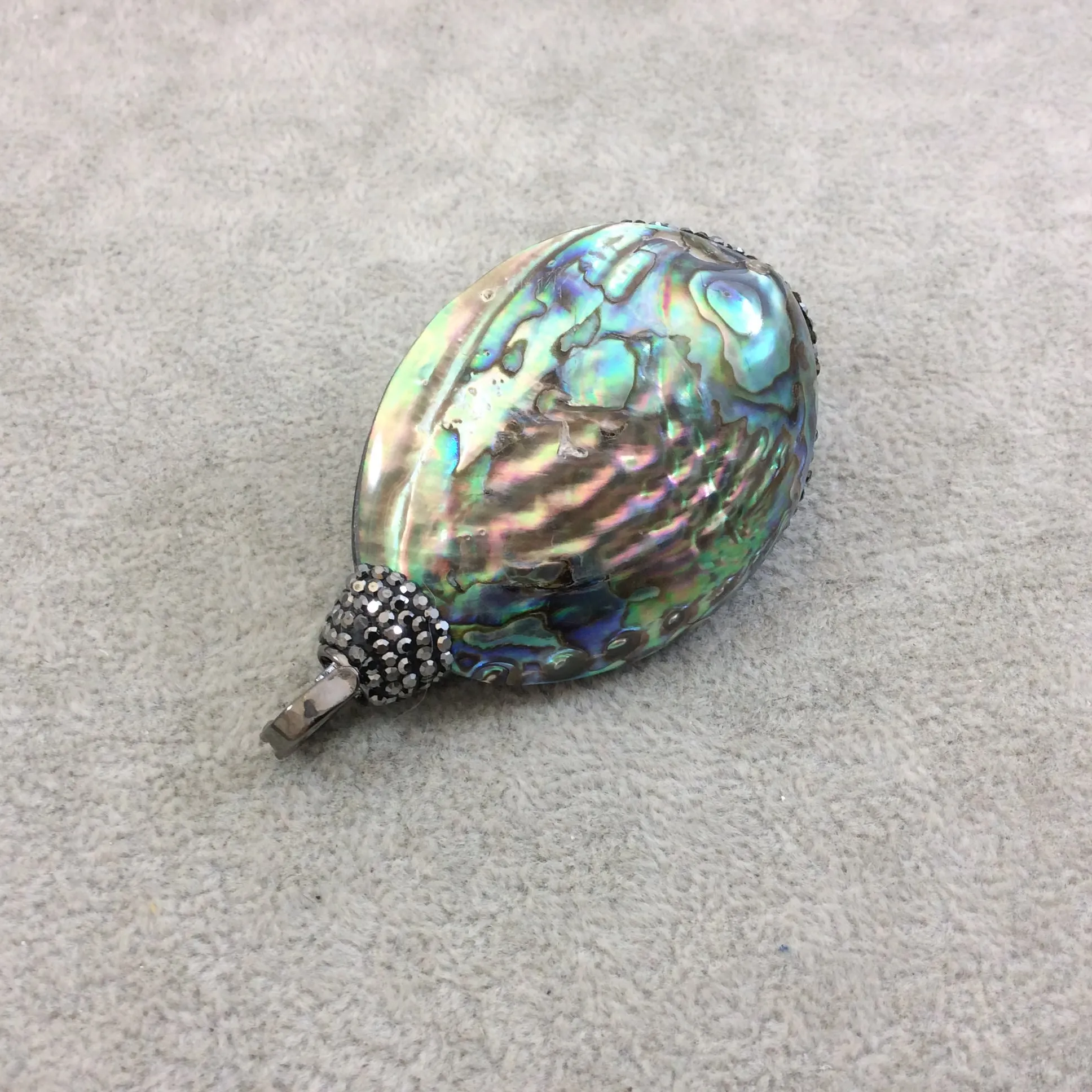 2.5" Pave Rhinestone Encrusted Freeform Shaped Rainbow Abalone Pendant with Gray Rhinestones and Pearl - Measuring 40mm x 60mm, Approx.
