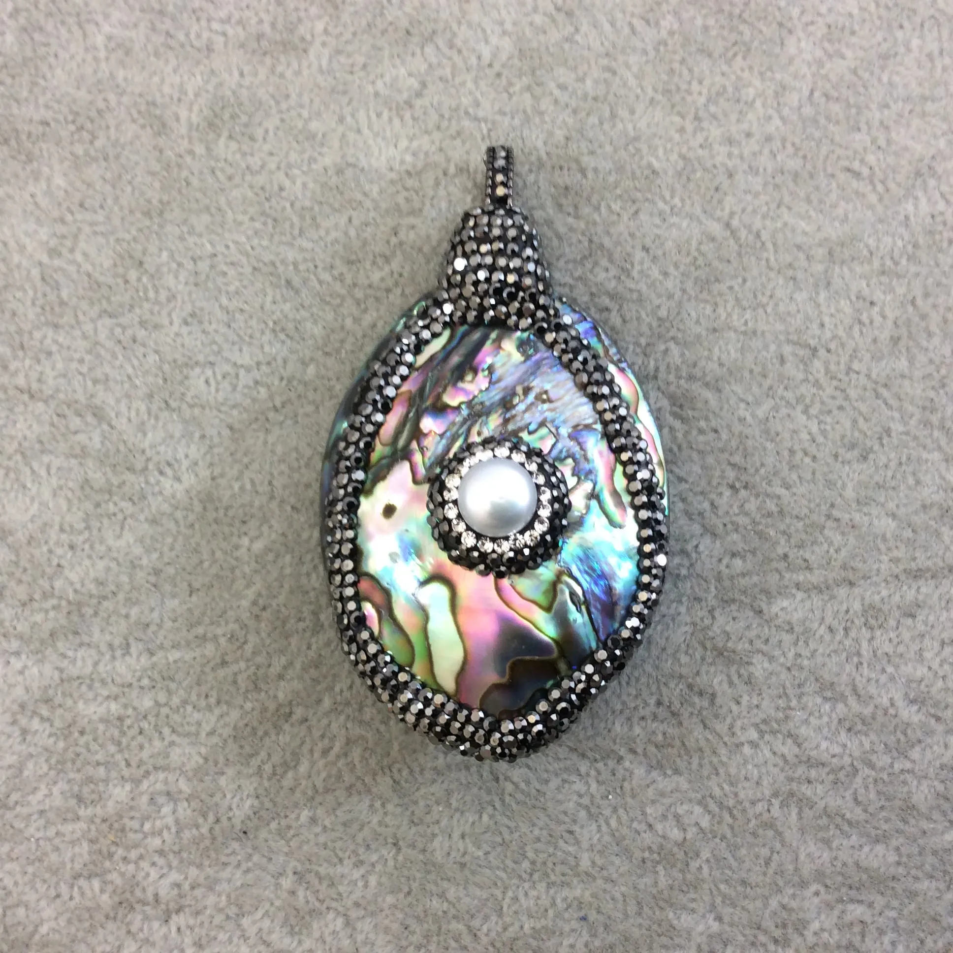 2.5" Pave Rhinestone Encrusted Freeform Shaped Rainbow Abalone Pendant with Gray Rhinestones and Pearl - Measuring 40mm x 60mm, Approx.