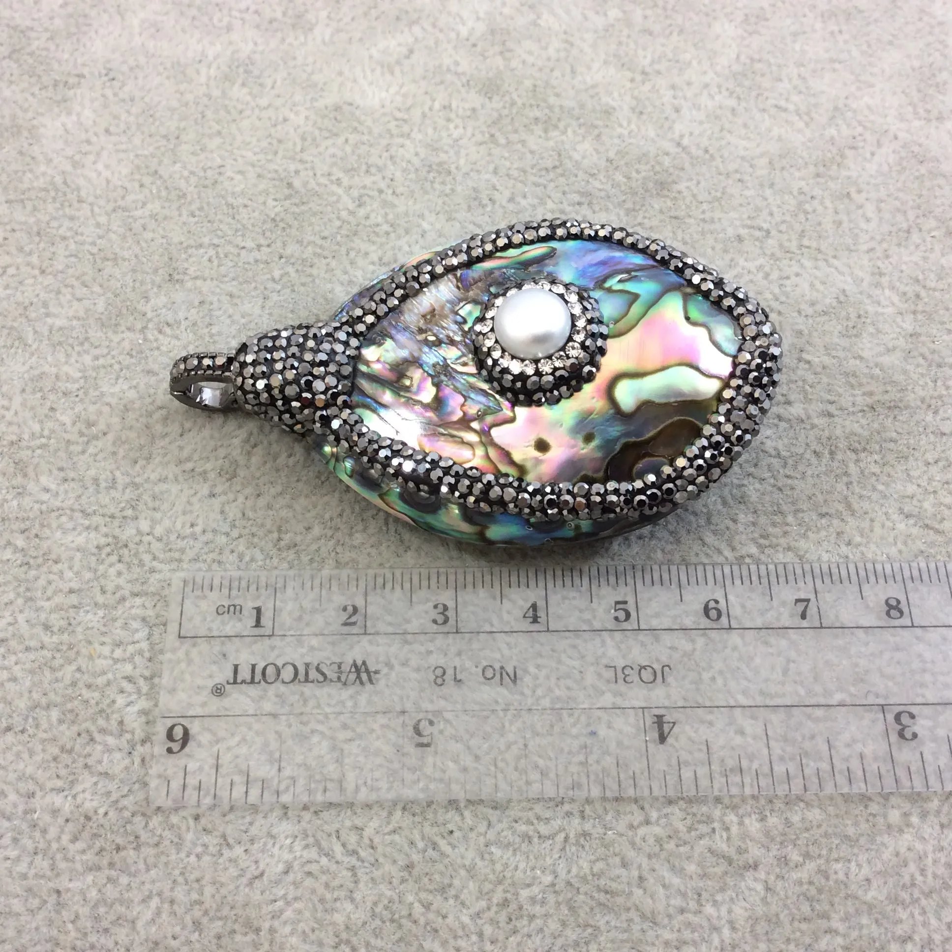 2.5" Pave Rhinestone Encrusted Freeform Shaped Rainbow Abalone Pendant with Gray Rhinestones and Pearl - Measuring 40mm x 60mm, Approx.