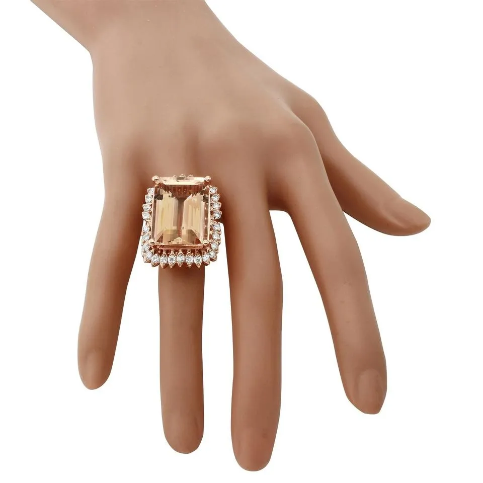 27.25 Carats Exquisite Natural Peach Morganite and Diamond 14K Solid Rose Gold Ring