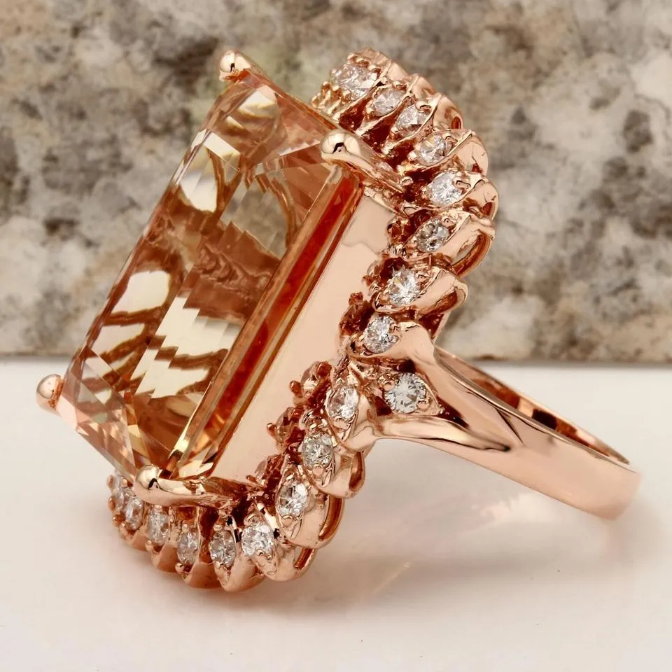 27.25 Carats Exquisite Natural Peach Morganite and Diamond 14K Solid Rose Gold Ring