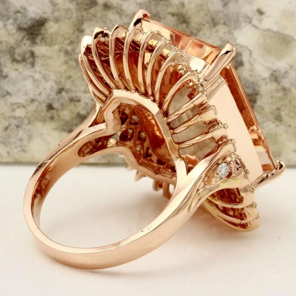 27.25 Carats Exquisite Natural Peach Morganite and Diamond 14K Solid Rose Gold Ring