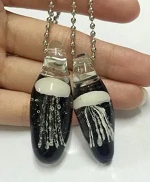 2PCS 100% Handcraft White Jellyfish Hand Blown Glass Pendant Black Tentacles Necklace Black Rope
