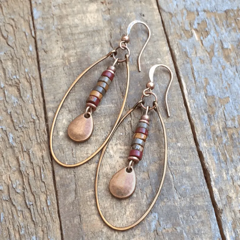2Pcs Exquisite Natural Stone Retro Bohemian Ethnic Copper Multicoloured Dangling Earrings