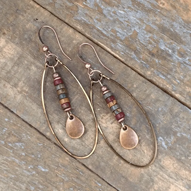 2Pcs Exquisite Natural Stone Retro Bohemian Ethnic Copper Multicoloured Dangling Earrings