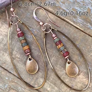 2Pcs Exquisite Natural Stone Retro Bohemian Ethnic Copper Multicoloured Dangling Earrings