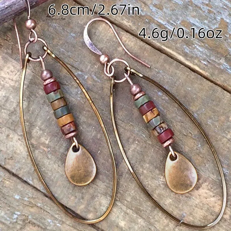 2Pcs Exquisite Natural Stone Retro Bohemian Ethnic Copper Multicoloured Dangling Earrings