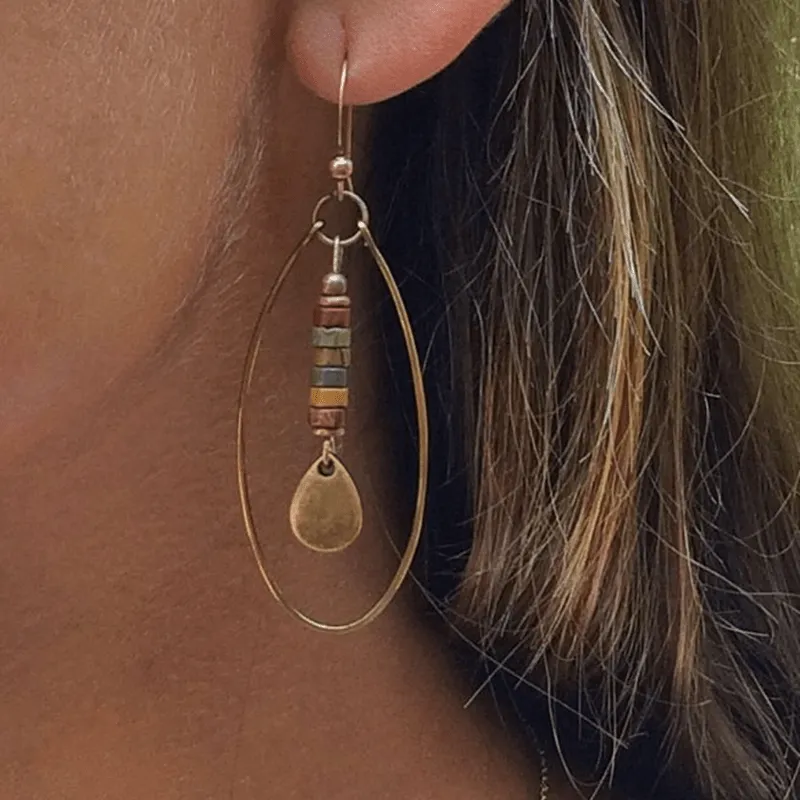2Pcs Exquisite Natural Stone Retro Bohemian Ethnic Copper Multicoloured Dangling Earrings