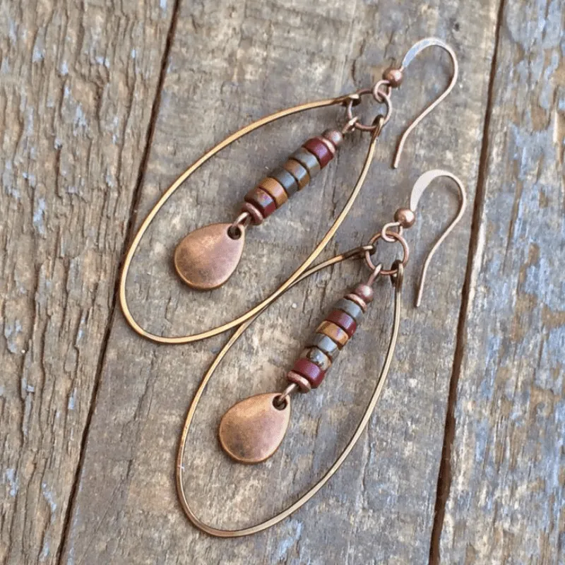 2Pcs Exquisite Natural Stone Retro Bohemian Ethnic Copper Multicoloured Dangling Earrings