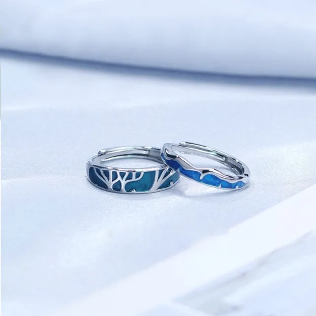 2Pcs Love Heart Electrocardiogram Couple Open Rings For Women Men Lover Black Silver Color Engagement Wedding Valentine'Day Gift