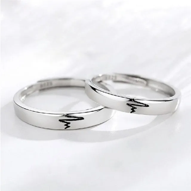 2Pcs Love Heart Electrocardiogram Couple Open Rings For Women Men Lover Black Silver Color Engagement Wedding Valentine'Day Gift