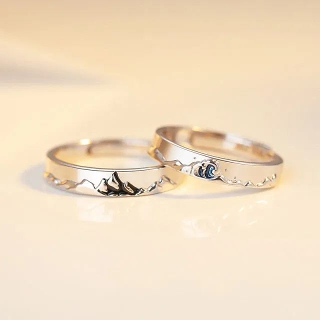 2Pcs Love Heart Electrocardiogram Couple Open Rings For Women Men Lover Black Silver Color Engagement Wedding Valentine'Day Gift