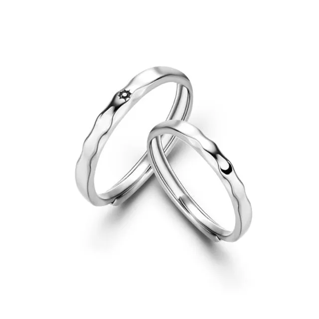 2Pcs Love Heart Electrocardiogram Couple Open Rings For Women Men Lover Black Silver Color Engagement Wedding Valentine'Day Gift