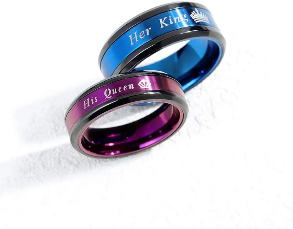 2pcs Matching Set Couple Rings His Queen Her King Stainless Steel Promise Rings Engagement Band Valentine's Day Couples Gifts