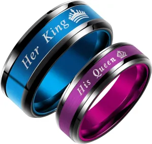 2pcs Matching Set Couple Rings His Queen Her King Stainless Steel Promise Rings Engagement Band Valentine's Day Couples Gifts