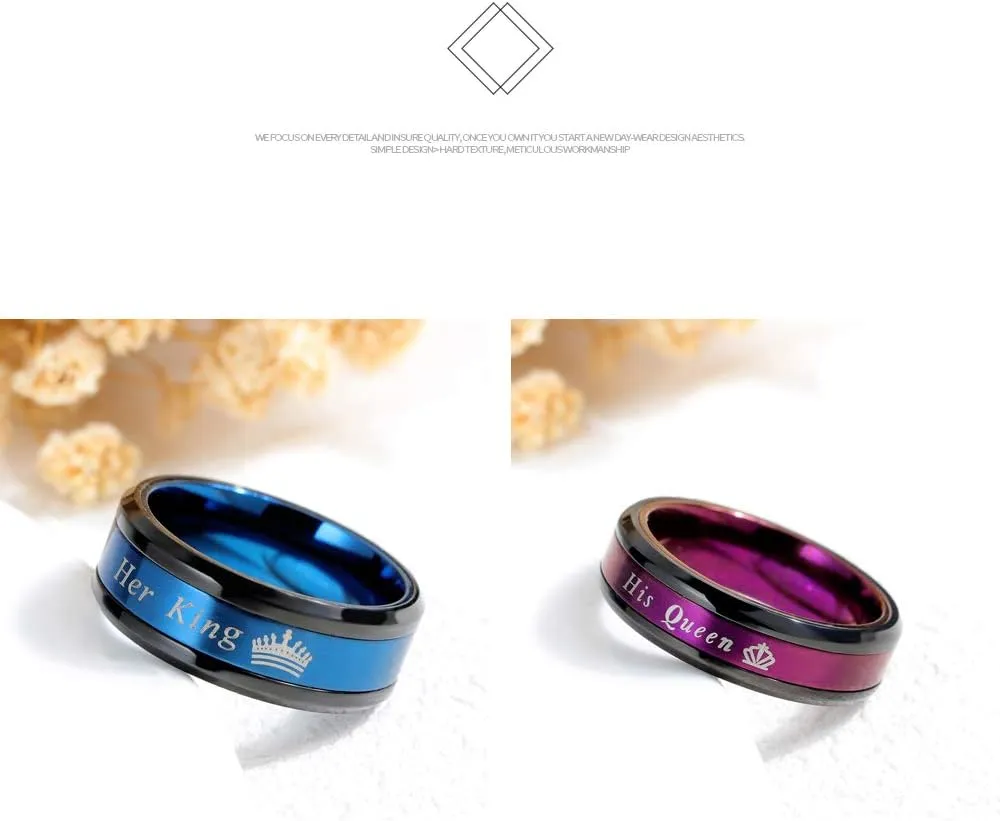 2pcs Matching Set Couple Rings His Queen Her King Stainless Steel Promise Rings Engagement Band Valentine's Day Couples Gifts