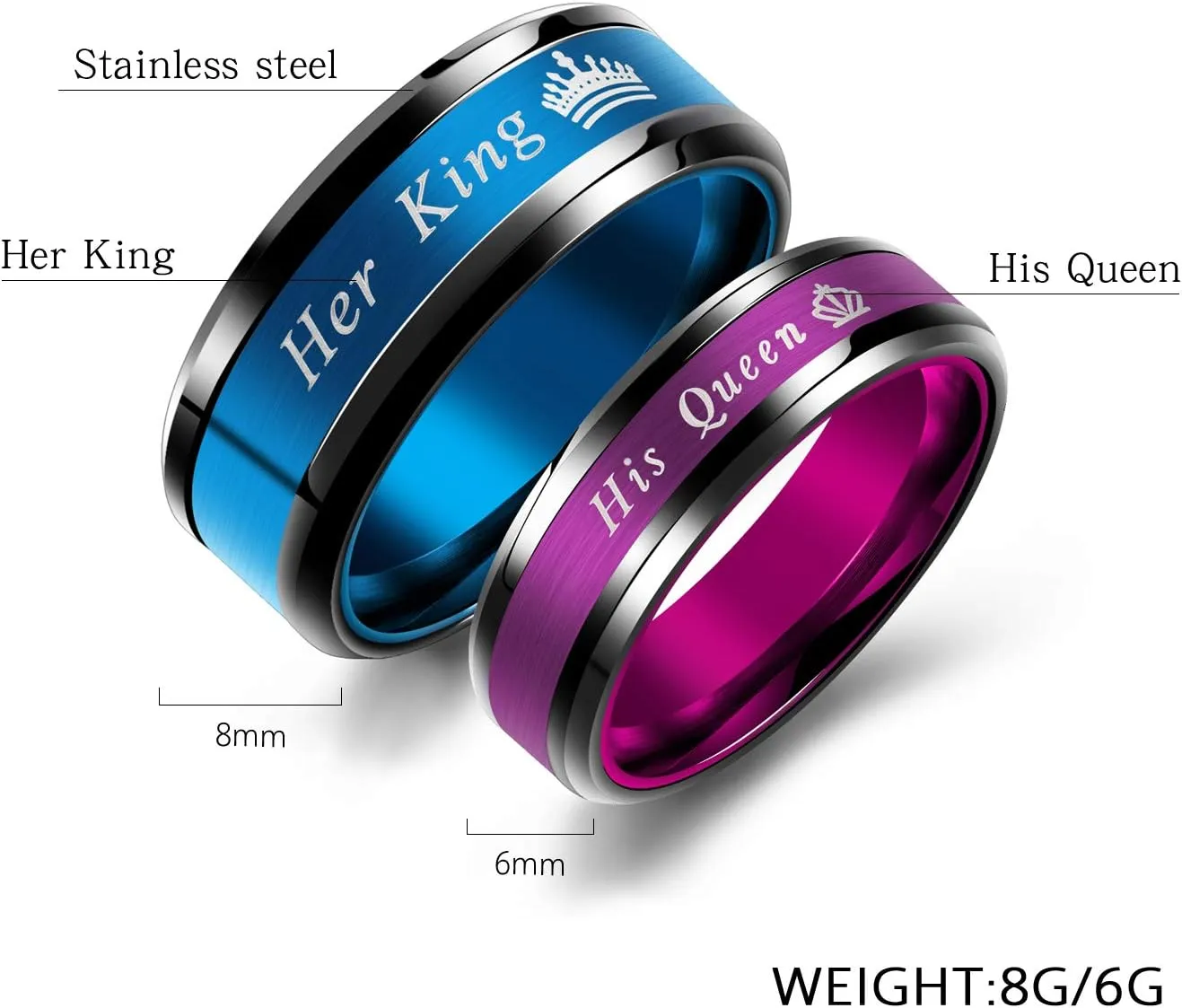 2pcs Matching Set Couple Rings His Queen Her King Stainless Steel Promise Rings Engagement Band Valentine's Day Couples Gifts