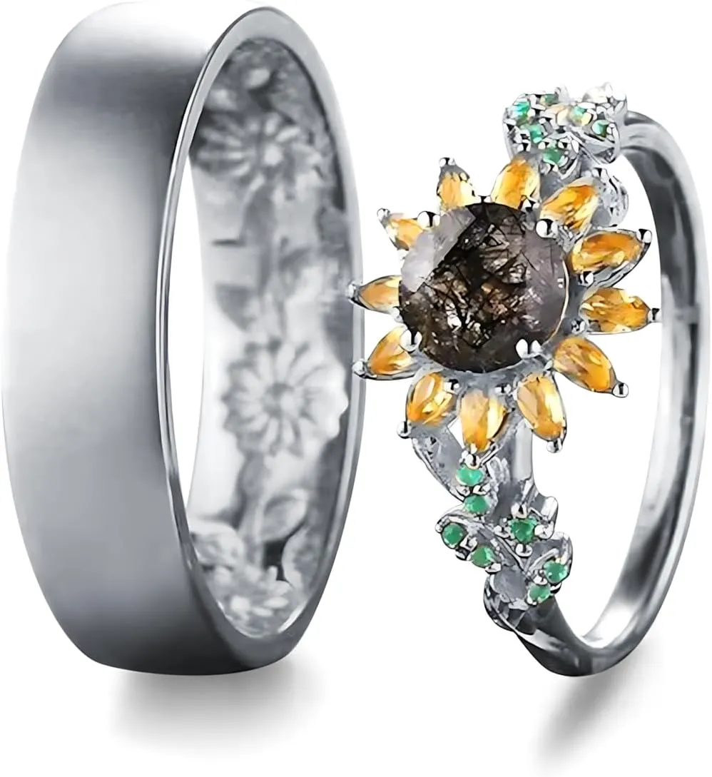 2Pcs Sunflower Couples Wedding Rings Set, S925 10K 14K 18K Gold Engagement Rings for Men and Women, Customized His and Her Matching Leaf Wedding Bands Set for Anniversary Valentine's Day