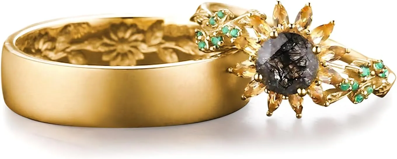 2Pcs Sunflower Couples Wedding Rings Set, S925 10K 14K 18K Gold Engagement Rings for Men and Women, Customized His and Her Matching Leaf Wedding Bands Set for Anniversary Valentine's Day