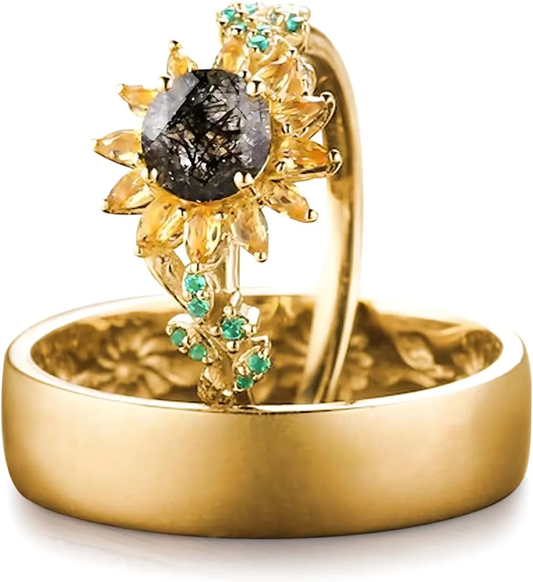 2Pcs Sunflower Couples Wedding Rings Set, S925 10K 14K 18K Gold Engagement Rings for Men and Women, Customized His and Her Matching Leaf Wedding Bands Set for Anniversary Valentine's Day