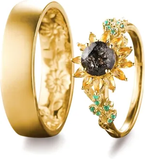 2Pcs Sunflower Couples Wedding Rings Set, S925 10K 14K 18K Gold Engagement Rings for Men and Women, Customized His and Her Matching Leaf Wedding Bands Set for Anniversary Valentine's Day