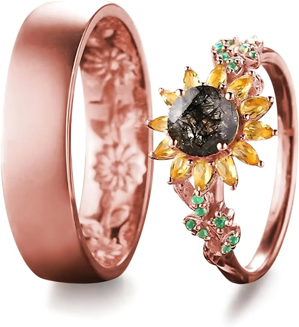 2Pcs Sunflower Couples Wedding Rings Set, S925 10K 14K 18K Gold Engagement Rings for Men and Women, Customized His and Her Matching Leaf Wedding Bands Set for Anniversary Valentine's Day