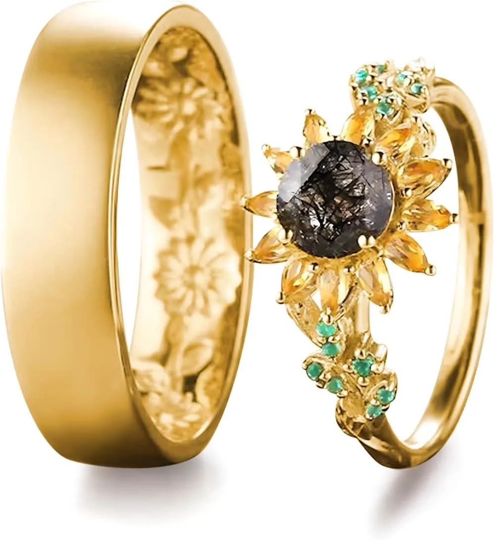2Pcs Sunflower Couples Wedding Rings Set, S925 10K 14K 18K Gold Engagement Rings for Men and Women, Customized His and Her Matching Leaf Wedding Bands Set for Anniversary Valentine's Day