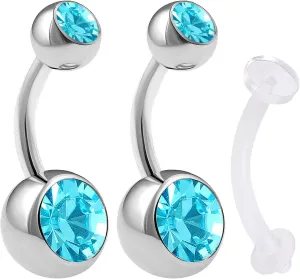 3Pcs 14g 5/16 Belly Button Rings Navel Jewelry Surgical Steel Crystals Bars Non Dangle Piercing and Retainer Pick Color