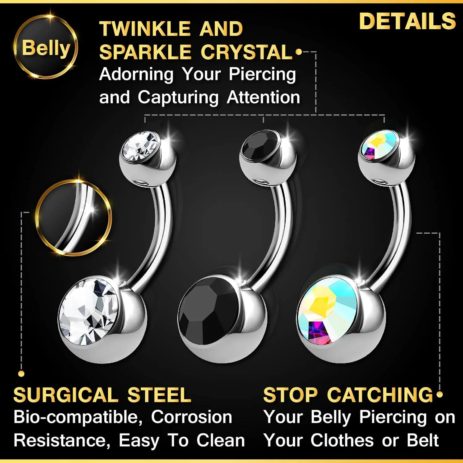3PCS 316L Surgical Steel Shallow Belly Button Rings Studs 14 Gauge 1/4 6mm Clear Jet Short Navel Bars Jewelry Choose Colors
