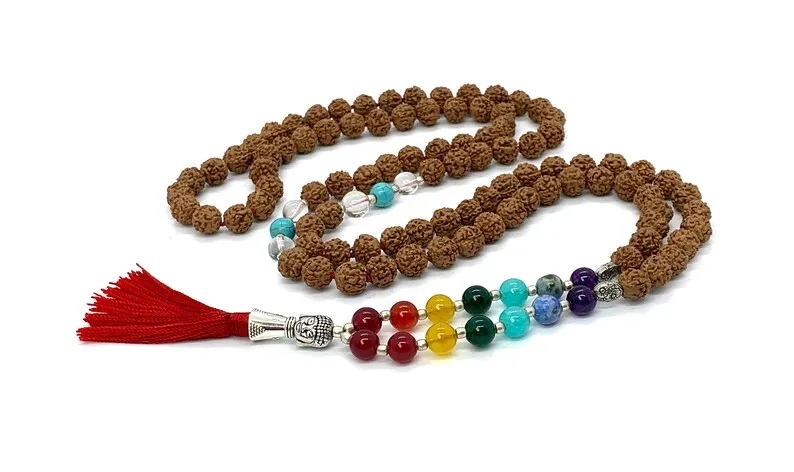 5 Mukhi Rudraksha mala bead necklace, 7 chakra mala, knotted mala