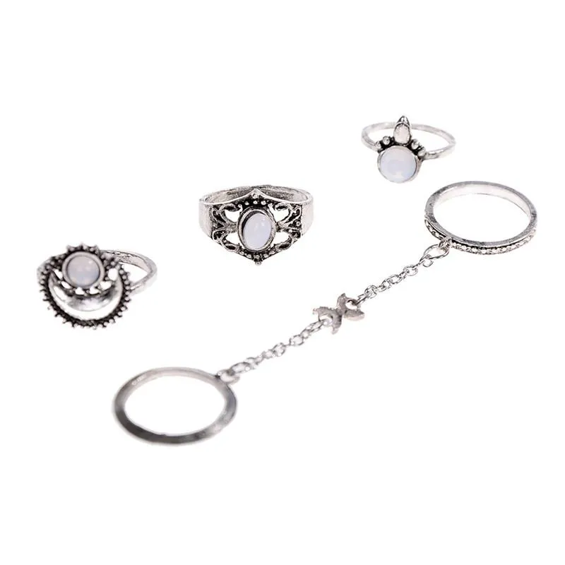 5 Pcs/Set Pinksee Hollow Flower Crystal Rings