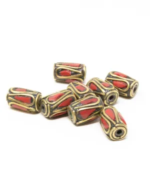 5 Tribal Beads with Turquoise Coral Inlay for Jewellery Making - C8