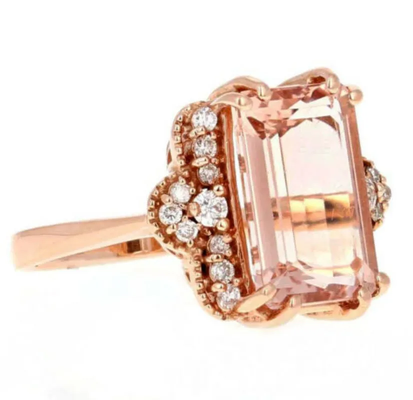 6.35 Carats Exquisite Natural Morganite and Diamond 14K Solid Rose Gold Ring