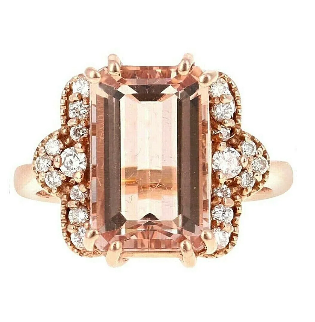 6.35 Carats Exquisite Natural Morganite and Diamond 14K Solid Rose Gold Ring