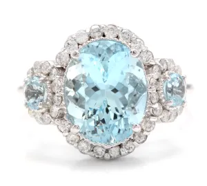 6.90 Carats Exquisite Natural Aquamarine and Diamond 14K Solid White Gold Ring