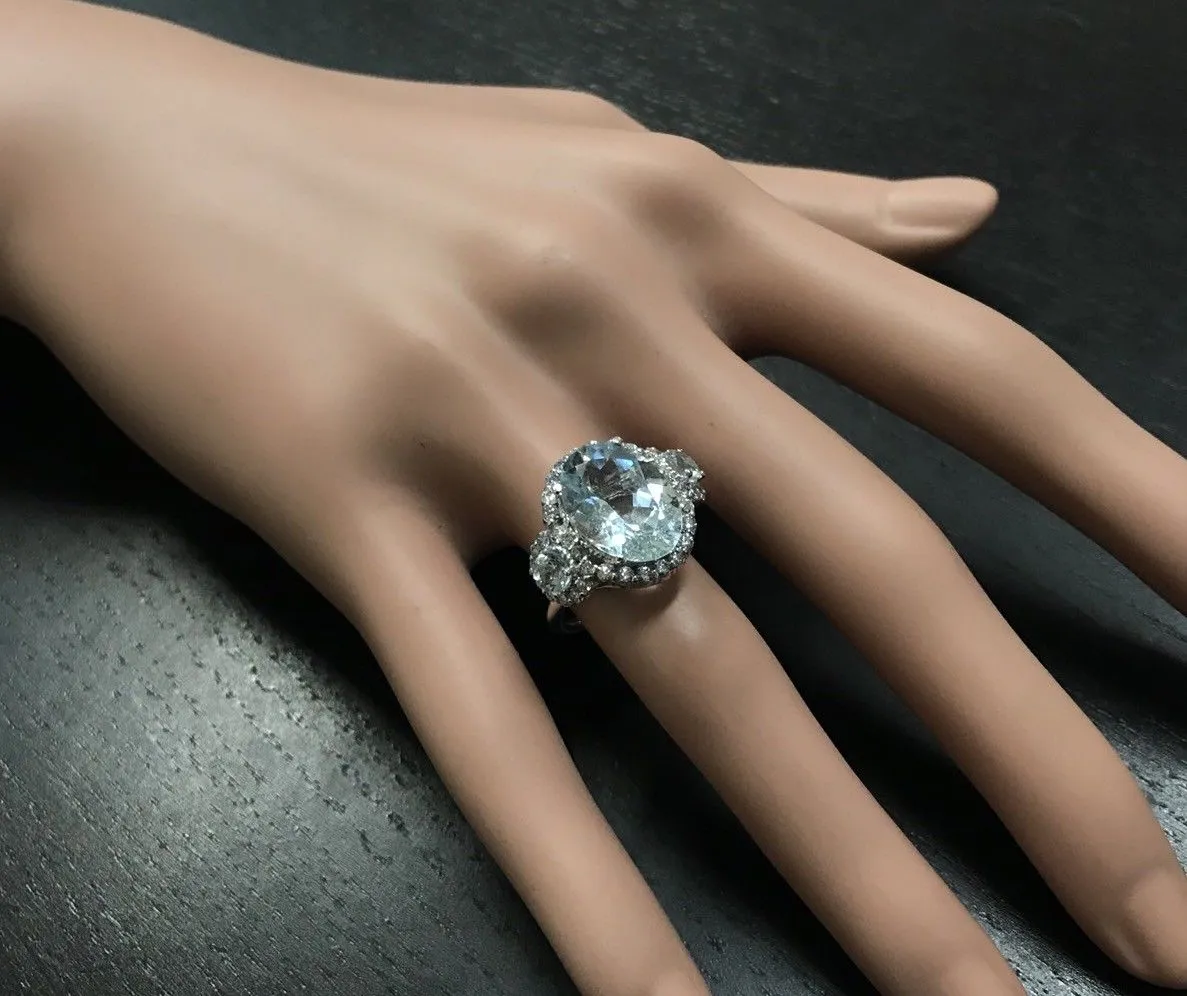 6.90 Carats Exquisite Natural Aquamarine and Diamond 14K Solid White Gold Ring