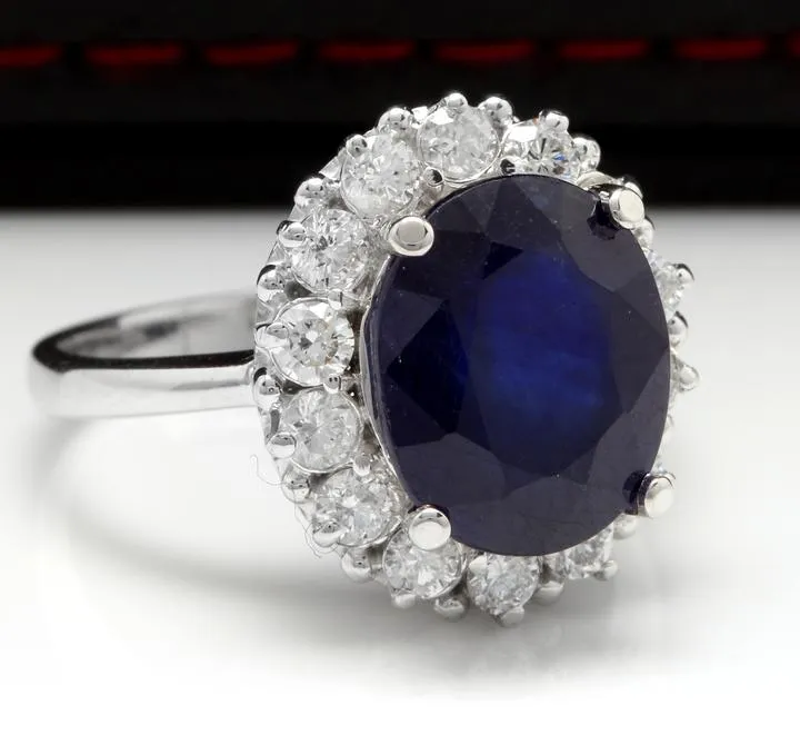 8.10 Carats Exquisite Natural Blue Sapphire and Diamond 14K Solid White Gold Ring