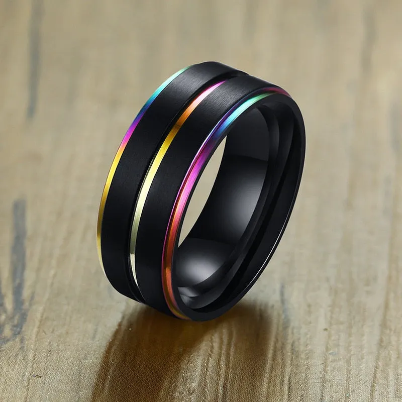 8mm Black Tungsten Carbide Magnificent Unisex Rainbow Rings