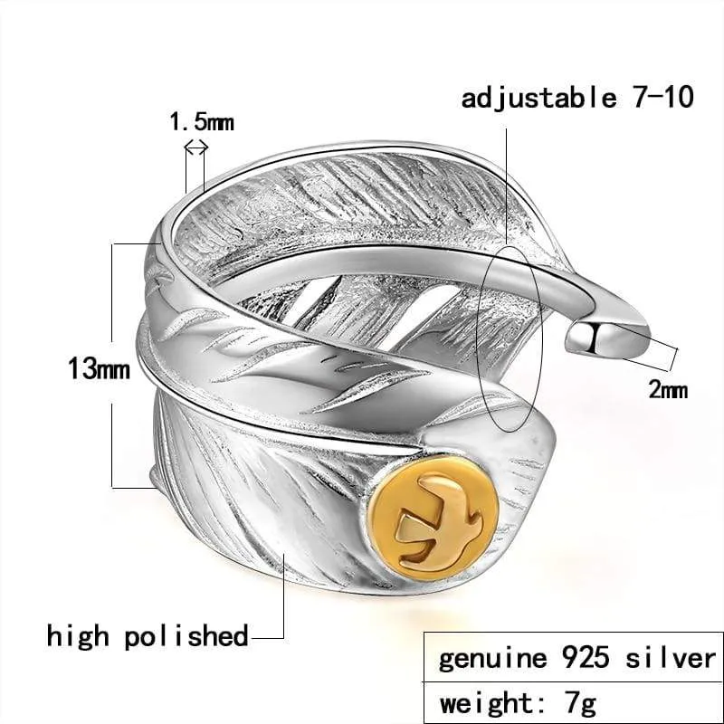 925 Silver Vintage Adjustable Feather Men Ring Female Punk Rock Biker Gold Eagle Rings For Women Sterling Silver Jewelry (Resizable)